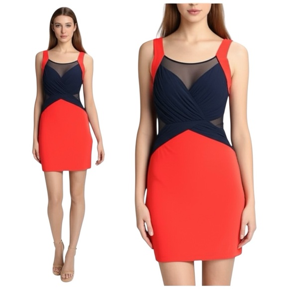 2b Bebe Bodycon Gia Mesh Front Cross Mini Dress Red Black Cocktail Party Y2K - Picture 10 of 16